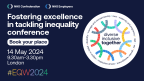 Graphic which reads: Fostering excellence in tackling inequality conference. Equality, Diversity and Human Rights Week 2024, 14 May 2024, 9.30am-3.30pm #EQW2024