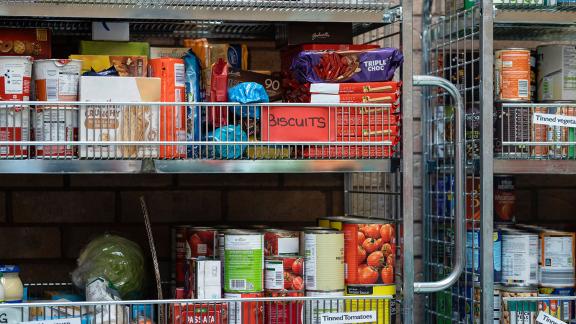 Shelves of food at a food bank.