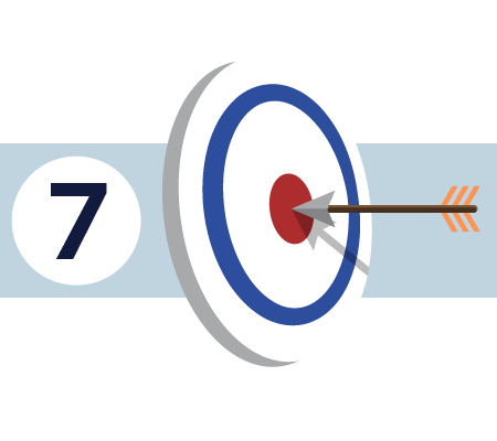 A number seven and an illustration of an arrow hitting a target.
