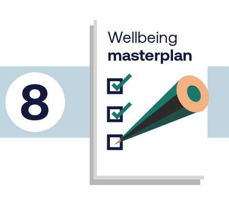 A number eight and an illustration of a pencil ticking a 'wellbeing masterplan'.